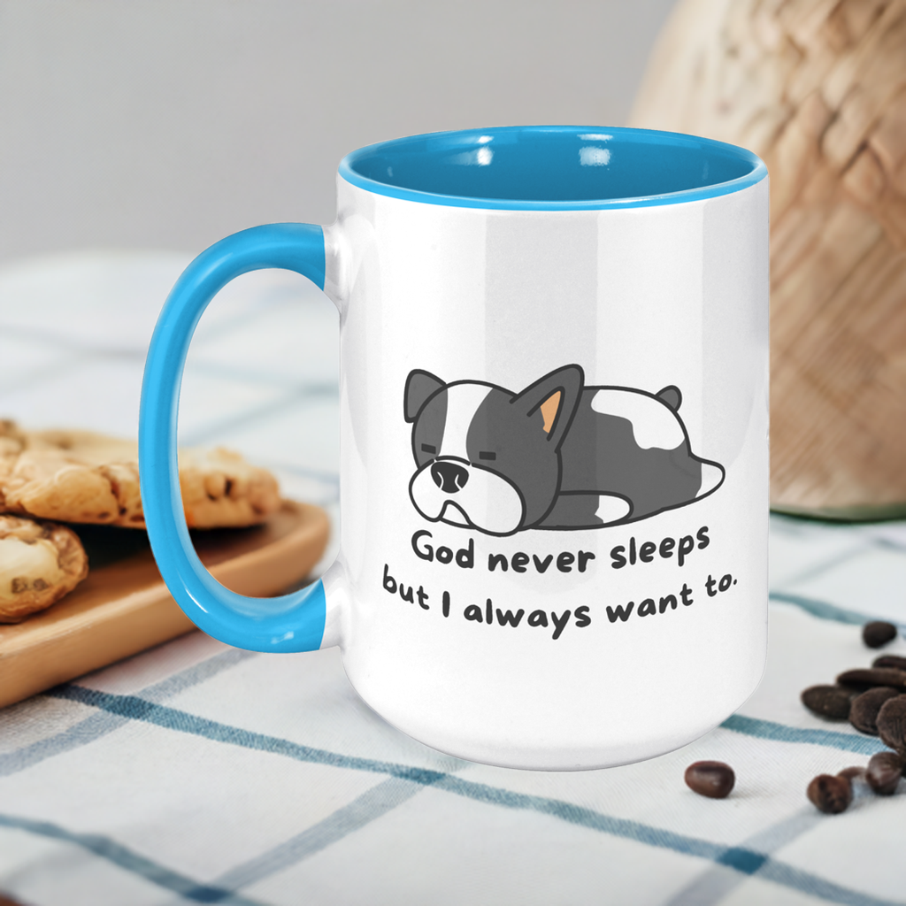 "God never sleeps but I always want to" 15oz Sleeping Puppy Christian Mug - inside color schemes