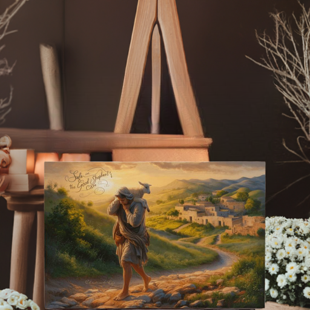 "Safe in the Good Shepherd's care" Gallery Wrapped Christian Wall Art Canvas (3:2)