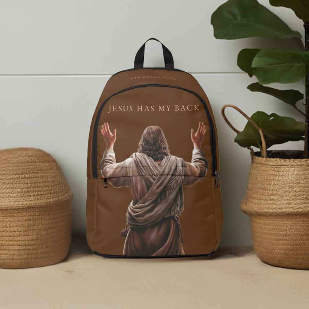 "Jesus Has My Back" Graphic design Christian Backpack (Choose Brown Shade)