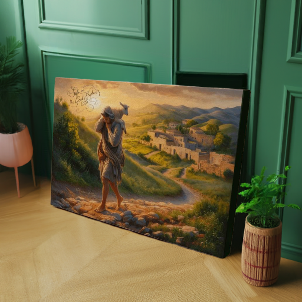 "Safe in the Good Shepherd's care" Gallery Wrapped Christian Wall Art Canvas (3:2)