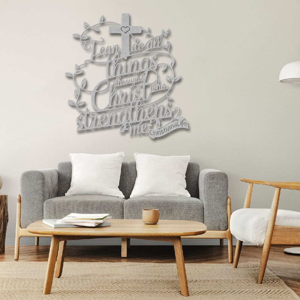 "I can do all things through Christ who strengthens me" Christian die-cut metal sign-(traced Heart)-red or silver