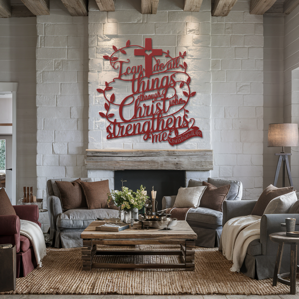 "I can do all things through Christ who strengthens me" Christian die-cut metal sign-(with Heart)-red or silver