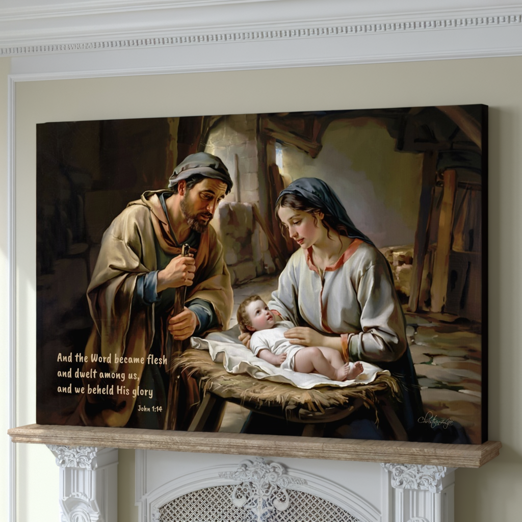 Nativity scene of Baby Jesus, Mary, and Joseph in a stable, with John 1:14 quote - Christian Art Canvas