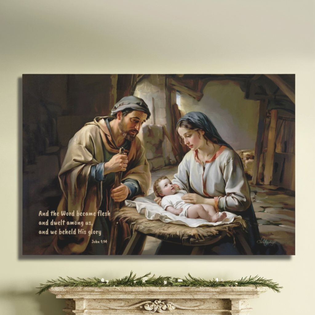Nativity scene of Baby Jesus, Mary, and Joseph in a stable, with John 1:14 quote - Christian Art Canvas