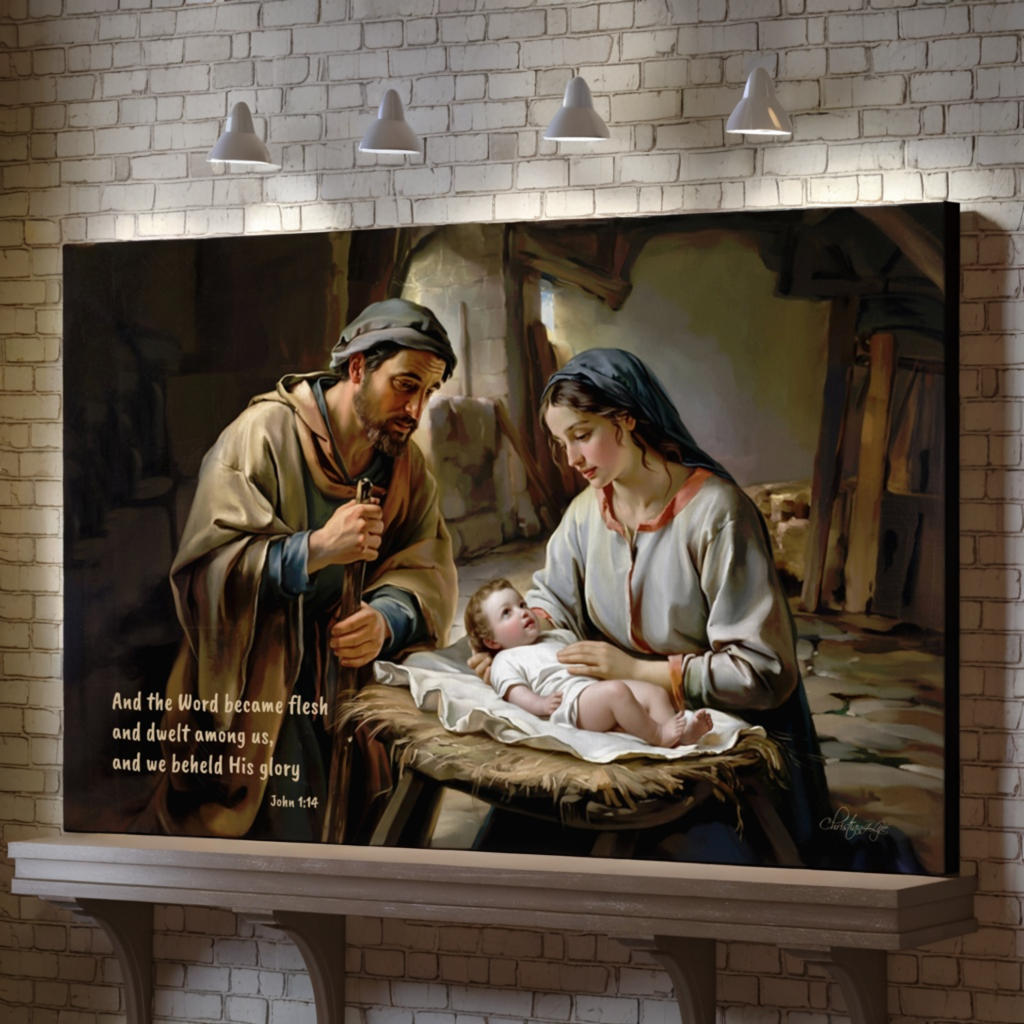 Nativity scene of Baby Jesus, Mary, and Joseph in a stable, with John 1:14 quote - Christian Art Canvas