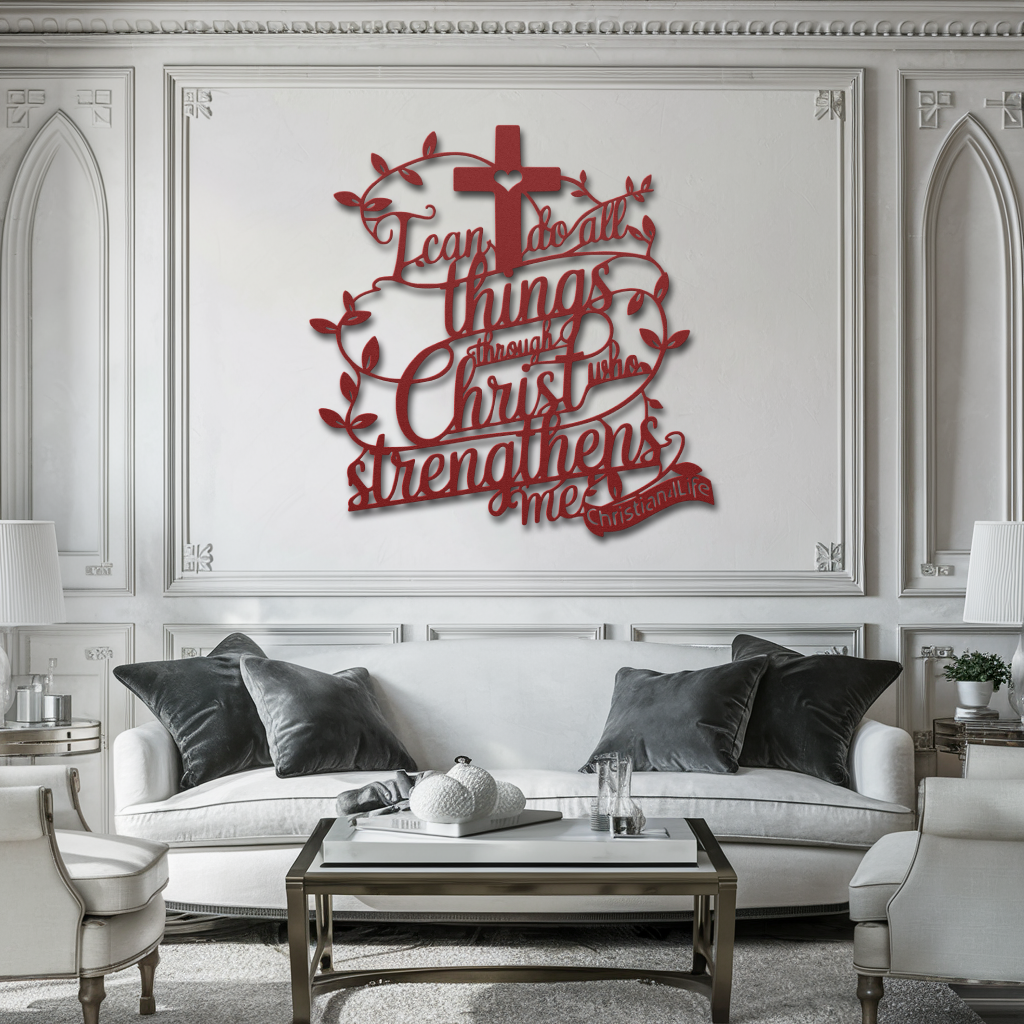 "I can do all things through Christ who strengthens me" Christian die-cut metal sign-(with Heart)-red or silver