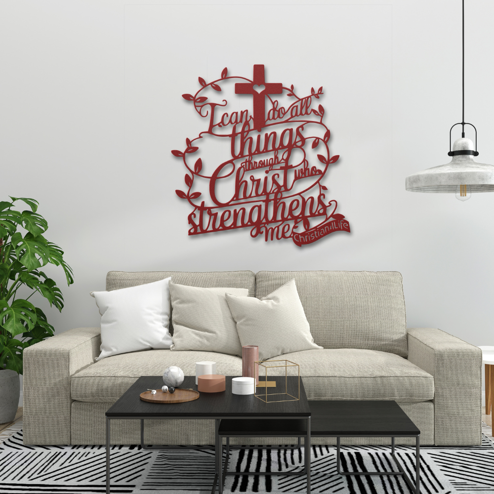 "I can do all things through Christ who strengthens me" Christian die-cut metal sign-(with Heart)-red or silver