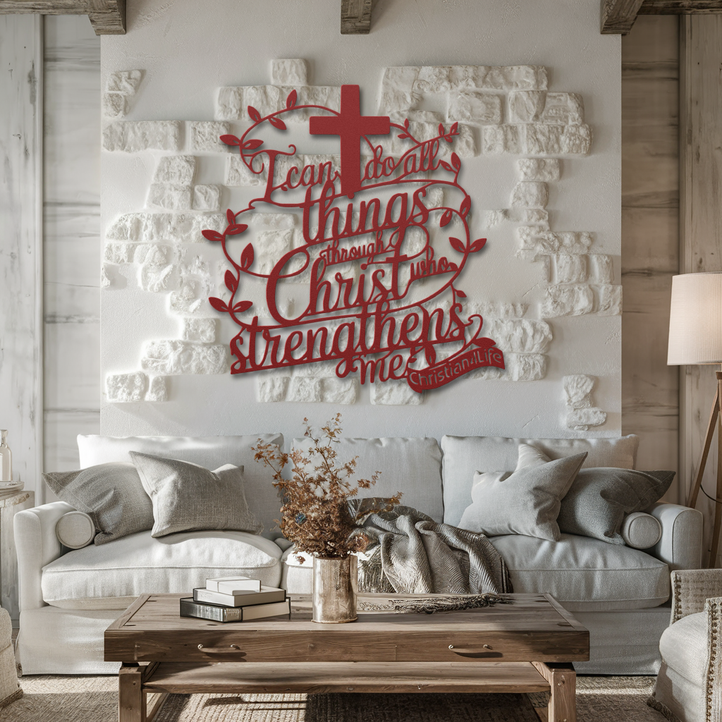 "I can do all things through Christ who strengthens me" Christian die-cut metal sign, Christian Metal Sign, Christian Metal Wall Art (red or silver)