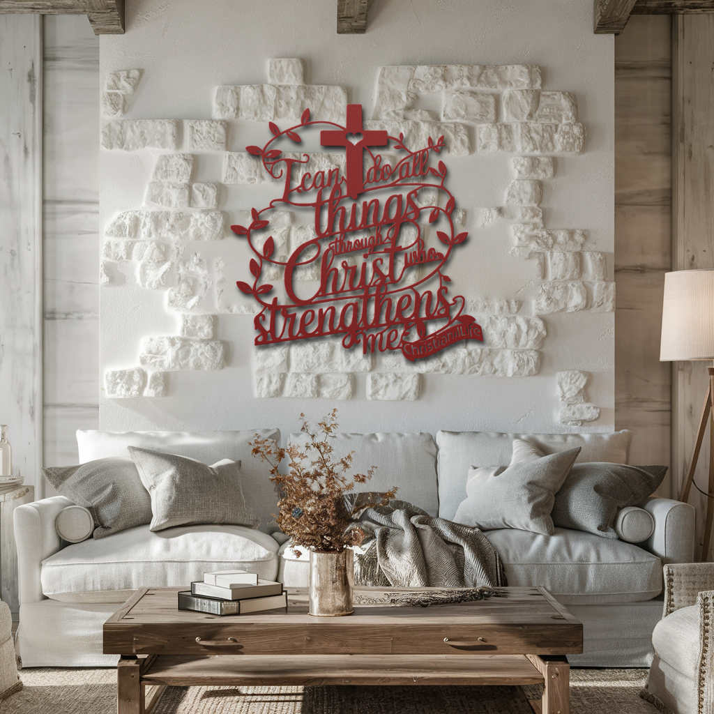 "I can do all things through Christ who strengthens me" Christian die-cut metal sign-(with Heart)-red or silver