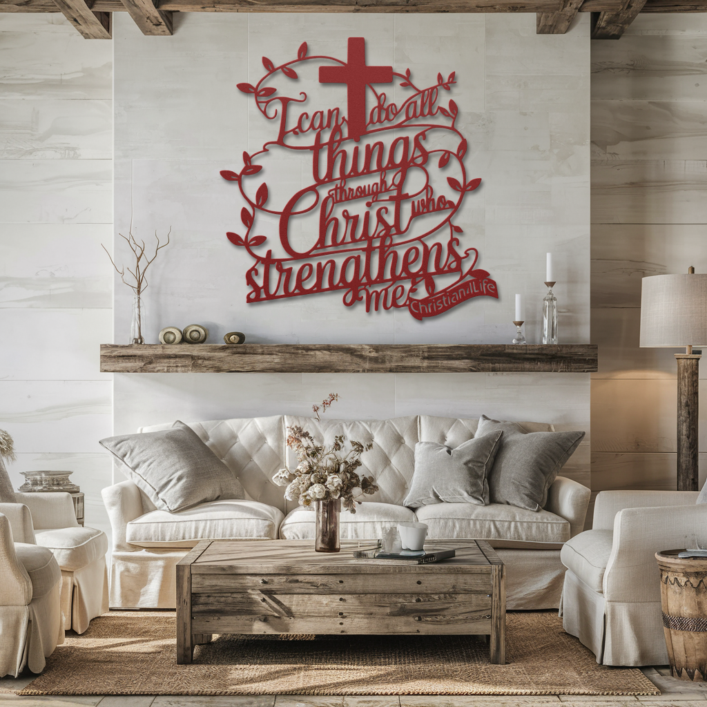 "I can do all things through Christ who strengthens me" Christian die-cut metal sign, Christian Metal Sign, Christian Metal Wall Art (red or silver)