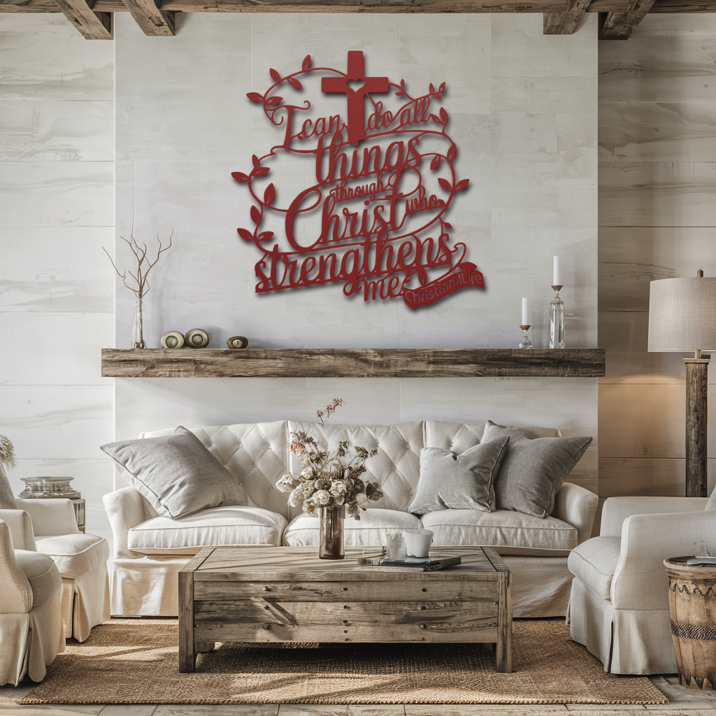"I can do all things through Christ who strengthens me" Christian die-cut metal sign-(with Heart)-red or silver