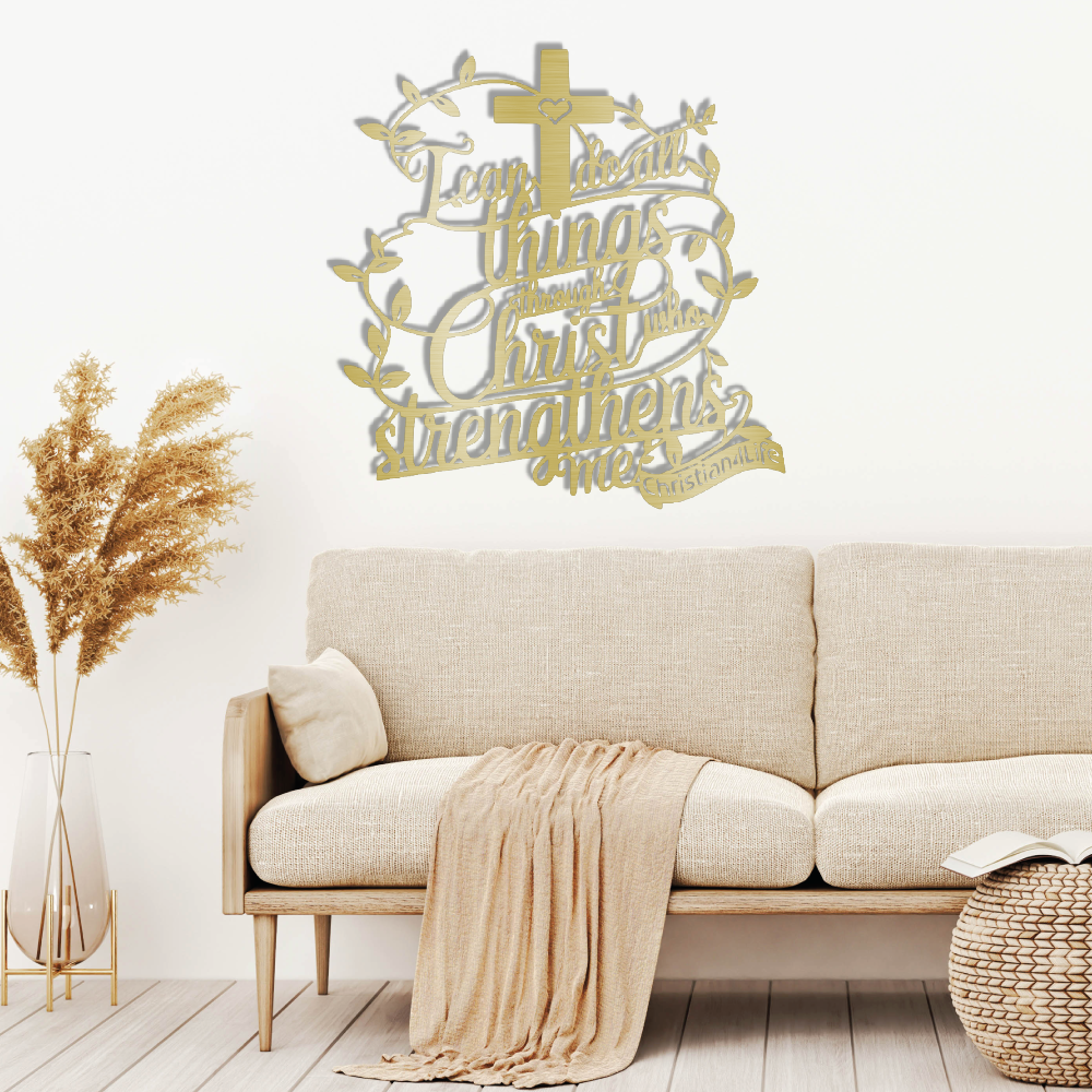 "I can do all things through Christ who strengthens me" Christian die-cut steel metal sign (with traced Heart)