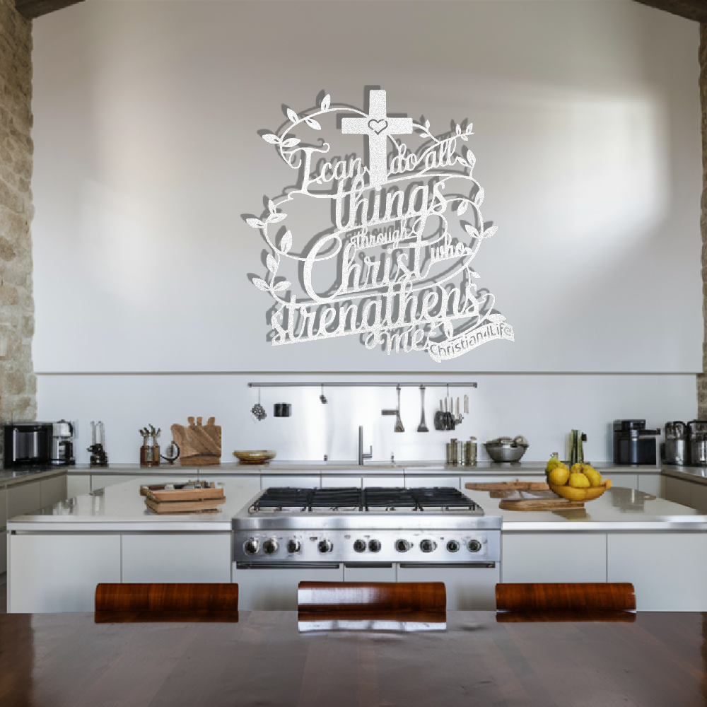 "I can do all things through Christ who strengthens me" Christian die-cut steel metal sign (with traced Heart)