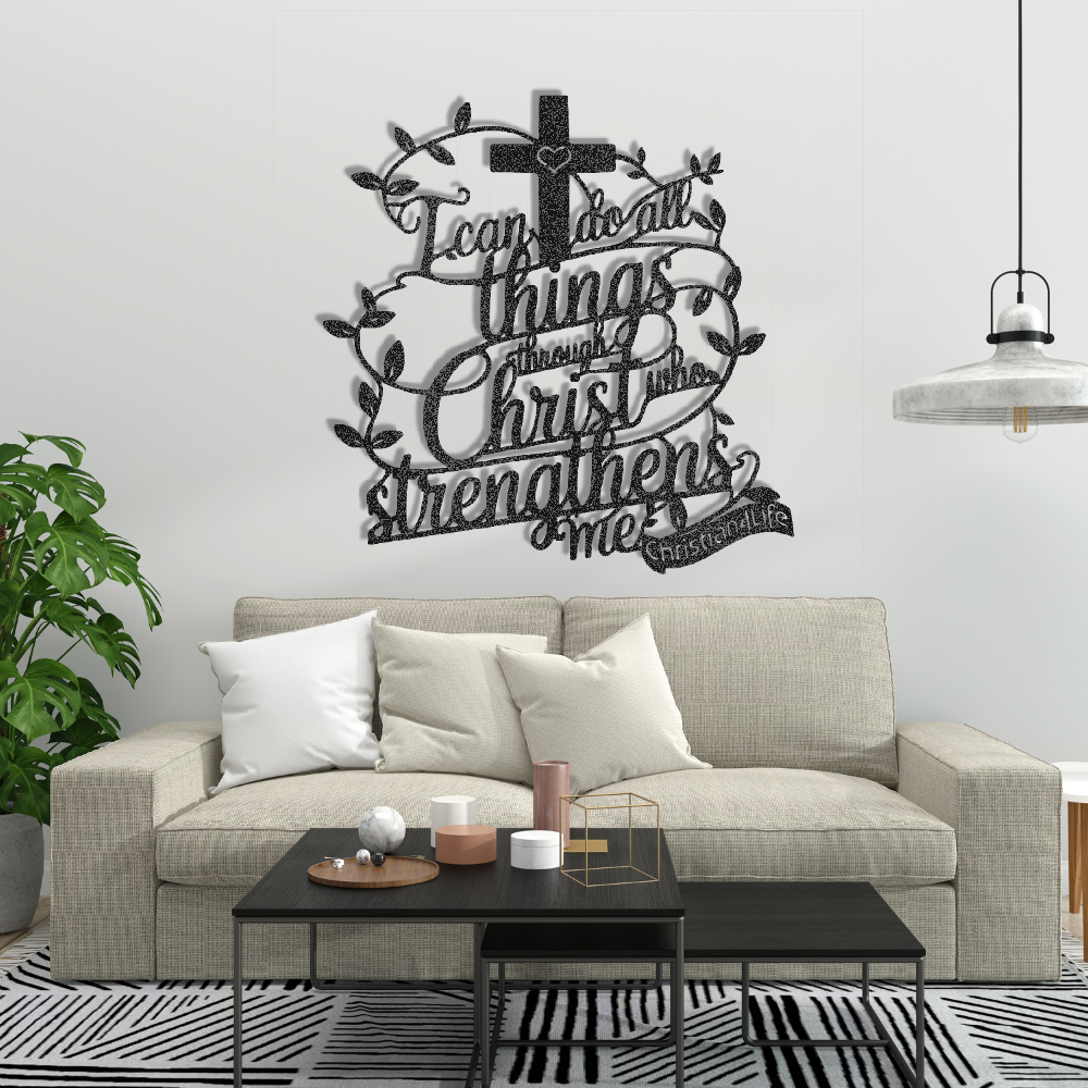 "I can do all things through Christ who strengthens me" Christian die-cut steel metal sign (with traced Heart)