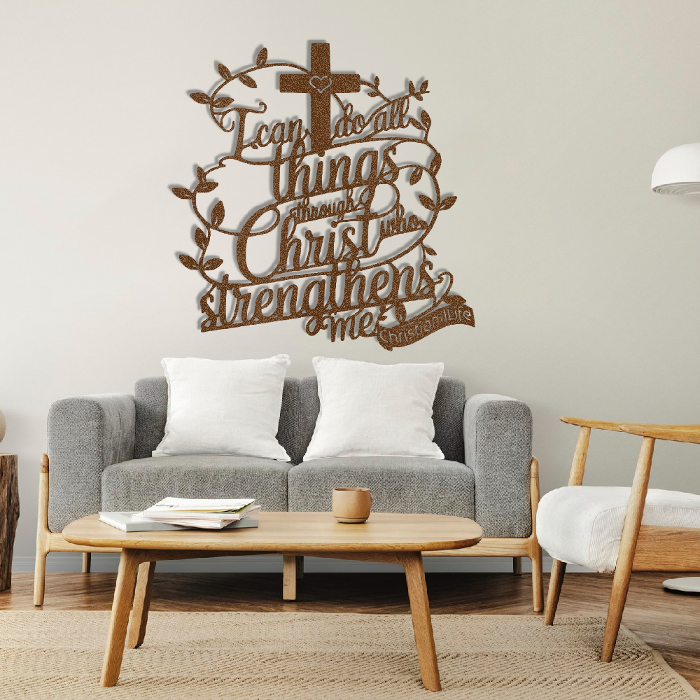 "I can do all things through Christ who strengthens me" Christian die-cut steel metal sign (with traced Heart)