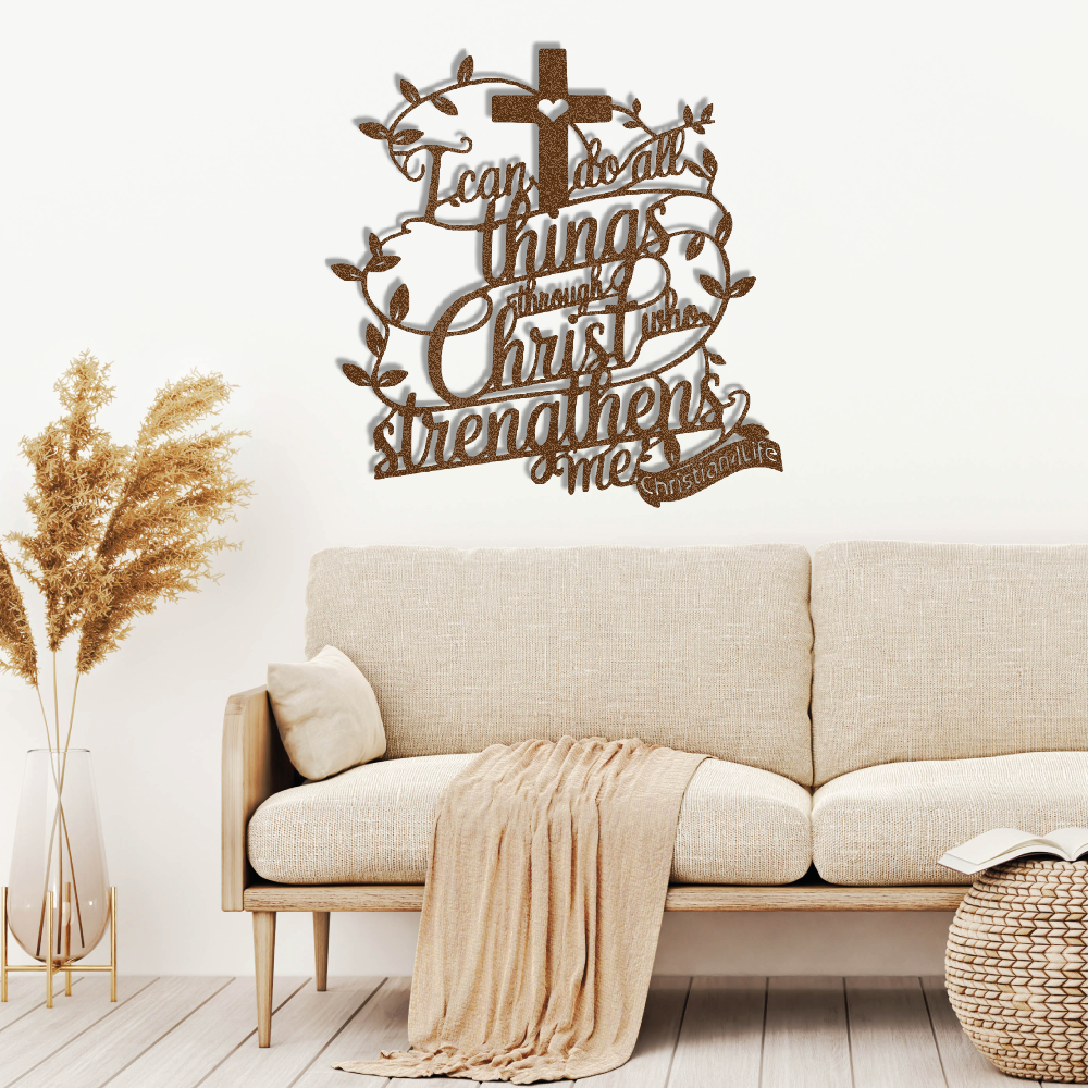 "I can do all things through Christ who strengthens me" Christian die-cut metal sign (with Heart)