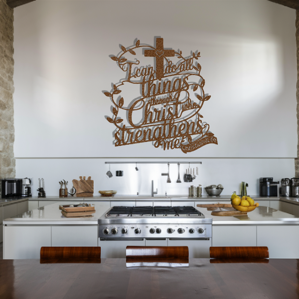 "I can do all things through Christ who strengthens me" Christian die-cut steel metal sign (with traced Heart)
