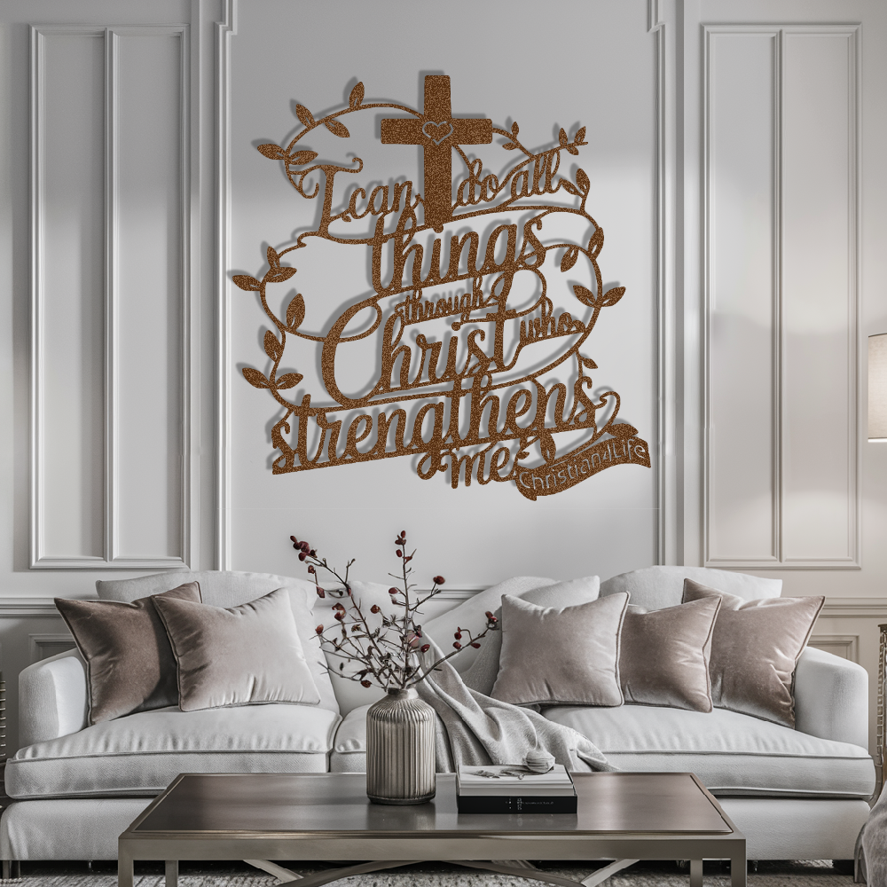 "I can do all things through Christ who strengthens me" Christian die-cut steel metal sign (with traced Heart)