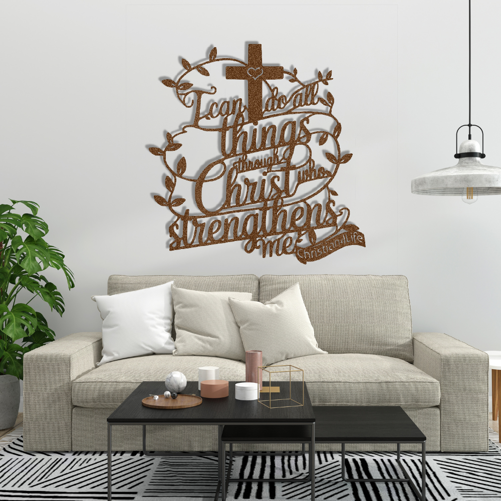 "I can do all things through Christ who strengthens me" Christian die-cut steel metal sign (with traced Heart)