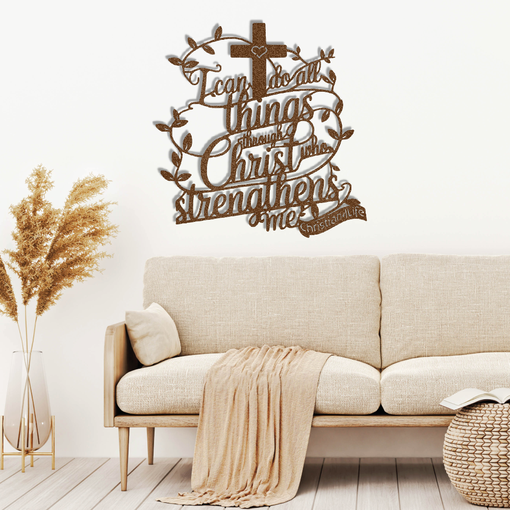 "I can do all things through Christ who strengthens me" Christian die-cut steel metal sign (with traced Heart)