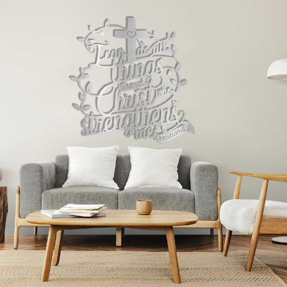 "I can do all things through Christ who strengthens me" Christian die-cut steel metal sign (with traced Heart)