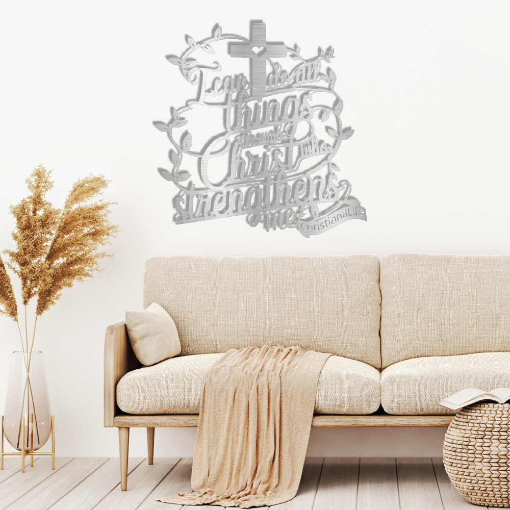"I can do all things through Christ who strengthens me" Christian die-cut metal sign (with Heart)
