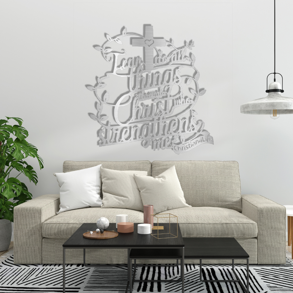 "I can do all things through Christ who strengthens me" Christian die-cut steel metal sign (with traced Heart)