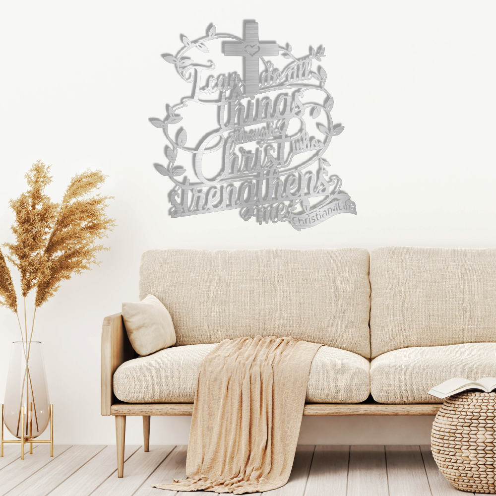 "I can do all things through Christ who strengthens me" Christian die-cut steel metal sign (with traced Heart)