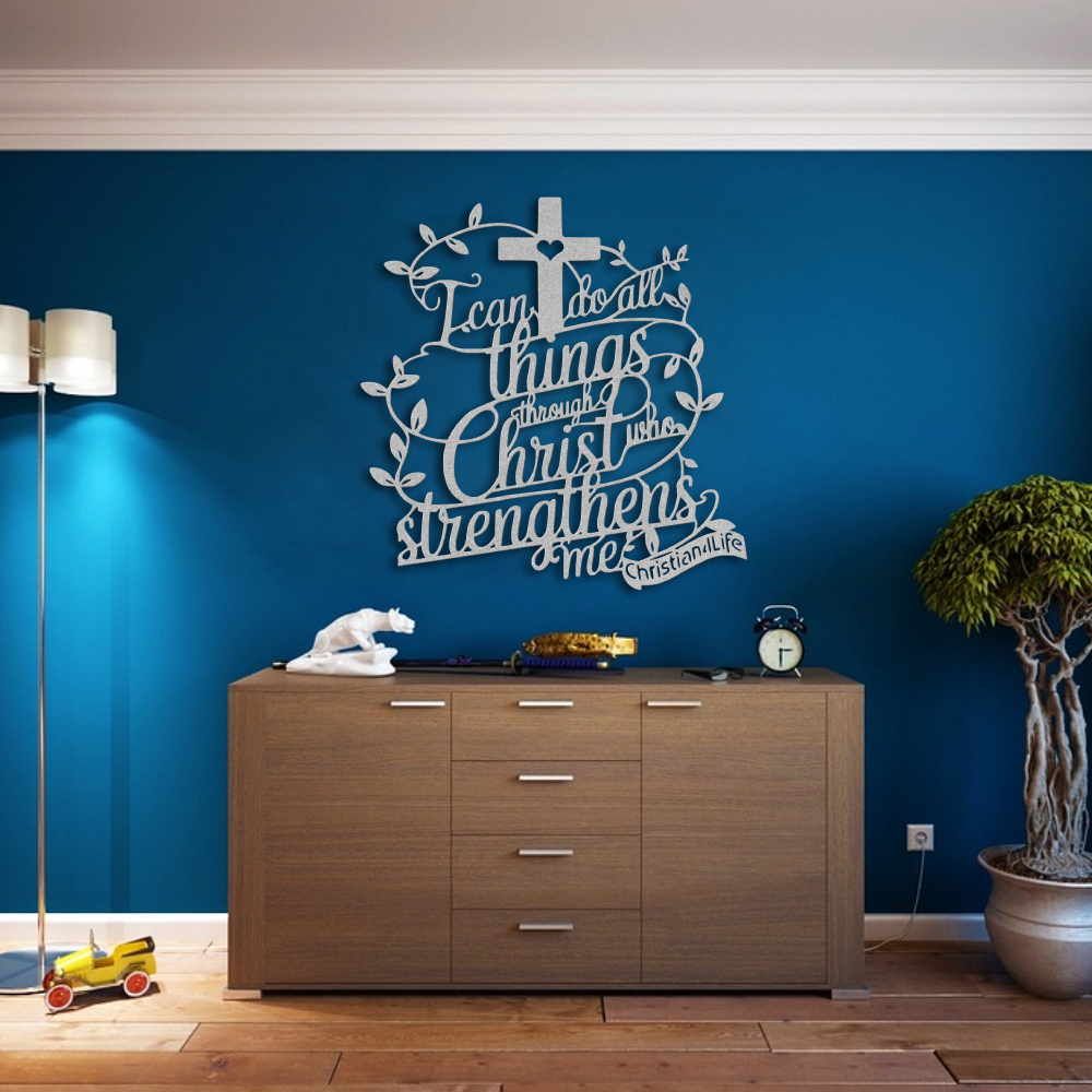 "I can do all things through Christ who strengthens me" Christian die-cut metal sign-(with Heart)-red or silver