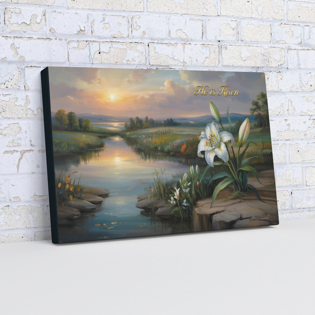 "He is Risen" - A serene sunrise landscape and lilies. Christian Easter wall art, Gallery wrapped Canvas