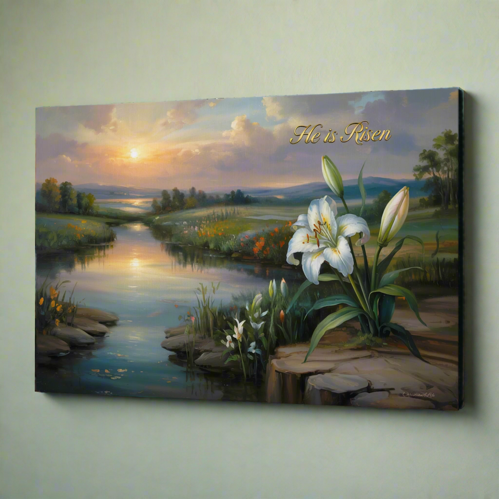 "He is Risen" - A serene sunrise landscape and lilies. Christian Easter wall art, Gallery wrapped Canvas