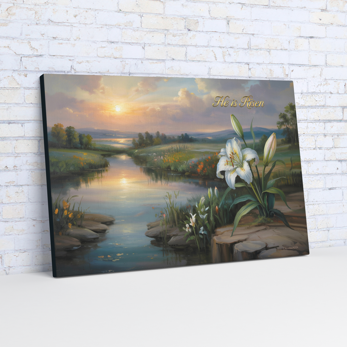 "He is Risen" - A serene sunrise landscape and lilies. Christian Easter wall art, Gallery wrapped Canvas