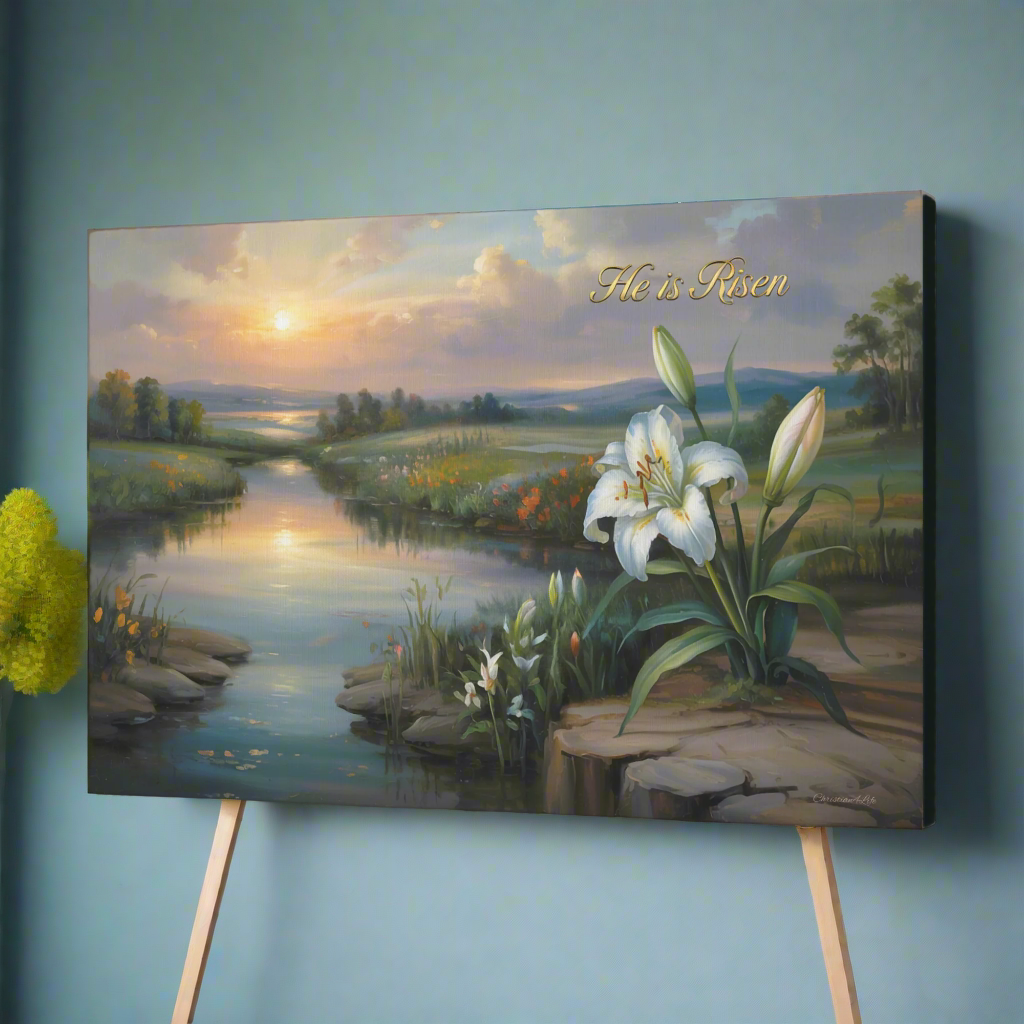 "He is Risen" - A serene sunrise landscape and lilies. Christian Easter wall art, Gallery wrapped Canvas