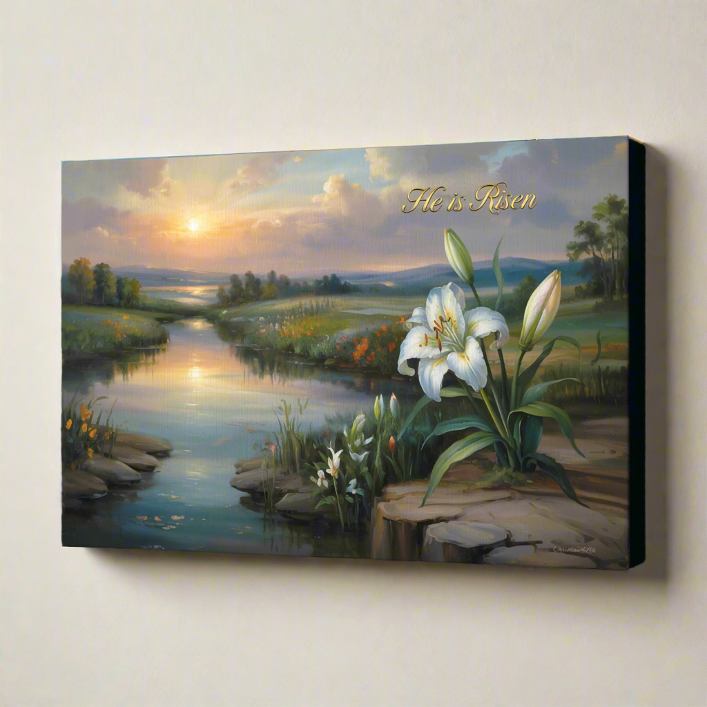 "He is Risen" - A serene sunrise landscape and lilies. Christian Easter wall art, Gallery wrapped Canvas