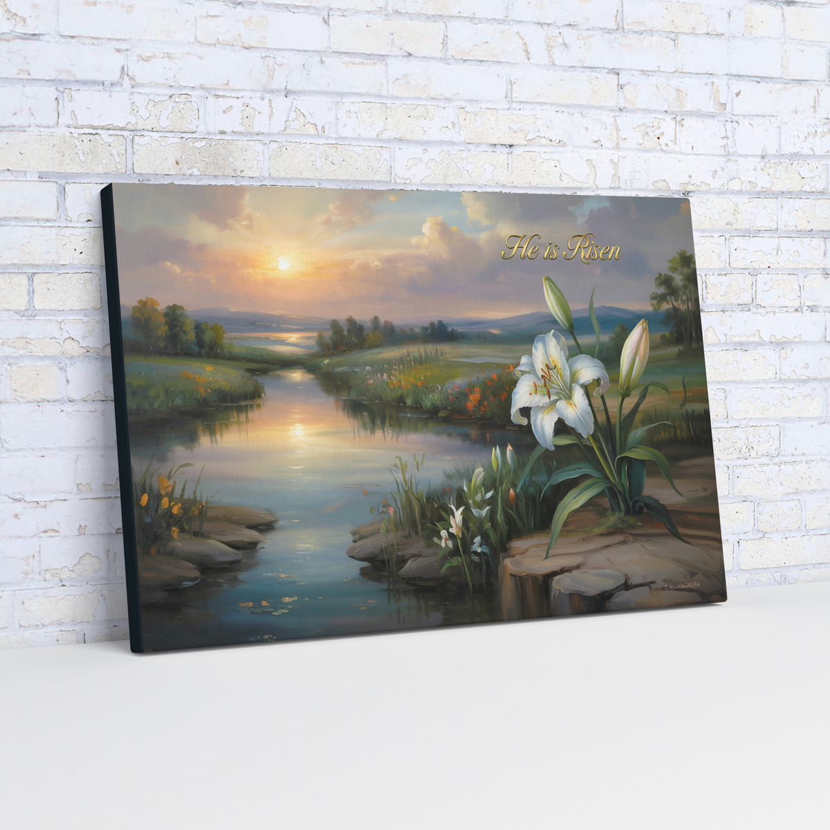 "He is Risen" - A serene sunrise landscape and lilies. Christian Easter wall art, Gallery wrapped Canvas