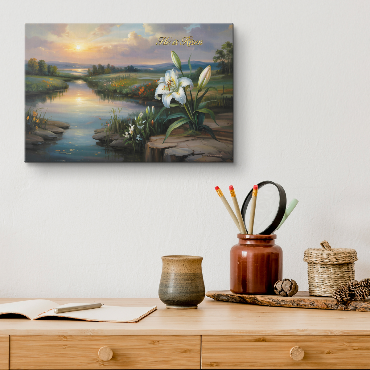"He is Risen" - A serene sunrise landscape and lilies. Christian Easter wall art, Gallery wrapped Canvas