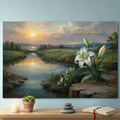 "He is Risen" - A serene sunrise landscape and lilies. Christian Easter wall art, Gallery wrapped Canvas