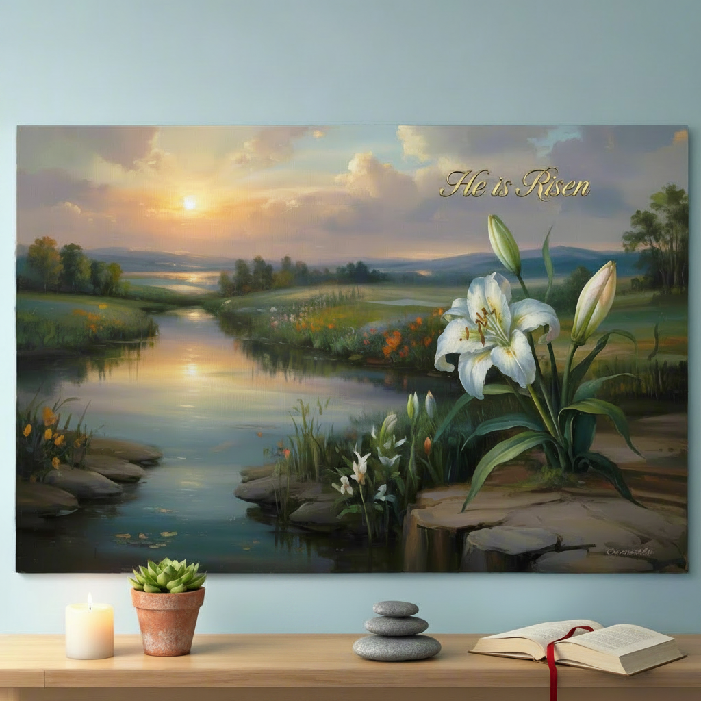 "He is Risen" - A serene sunrise landscape and lilies. Christian Easter wall art, Gallery wrapped Canvas