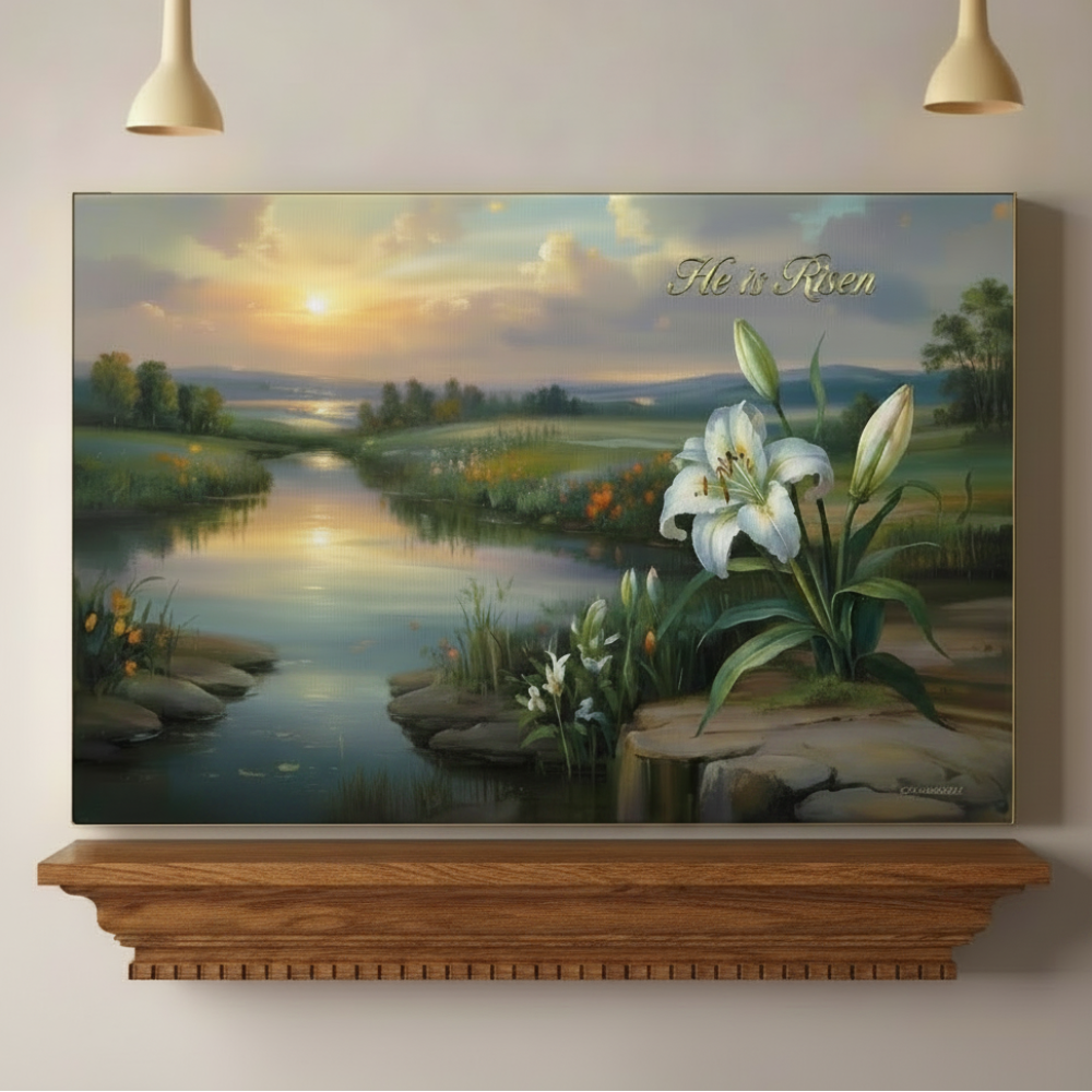 "He is Risen" - A serene sunrise landscape and lilies. Christian Easter wall art, Gallery wrapped Canvas