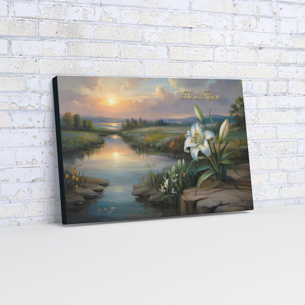 "He is Risen" - A serene sunrise landscape and lilies. Christian Easter wall art, Gallery wrapped Canvas