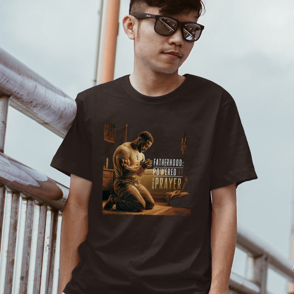 Christian Dad T-shirt "Fatherhood: Powered by Prayer" Heavy Cotton
