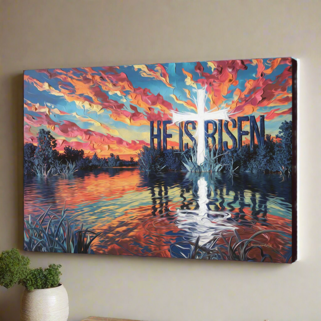 "He Is Risen" - Serene Lake Sunrise Scene with Cross Christian Gallery-Wrapped Canvas