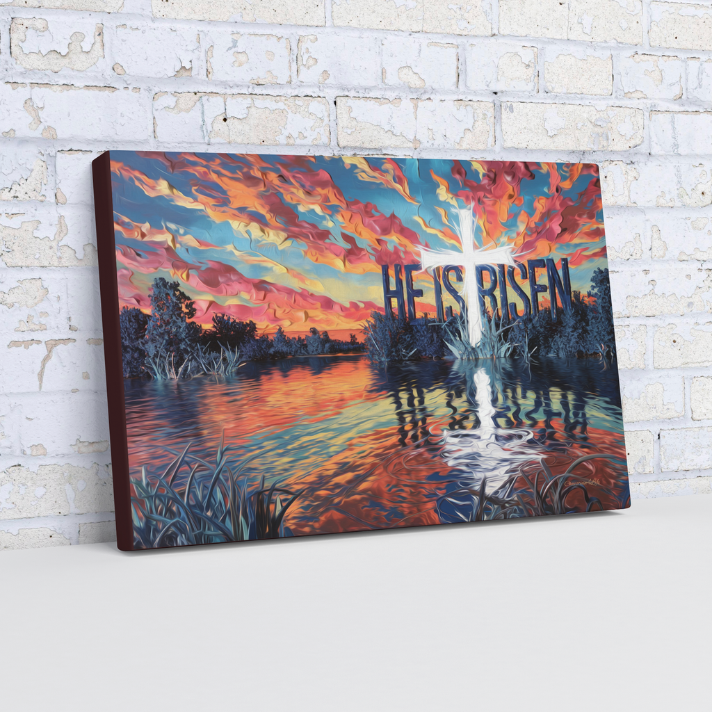 "He Is Risen" - Serene Lake Sunrise Scene with Cross Christian Gallery-Wrapped Canvas