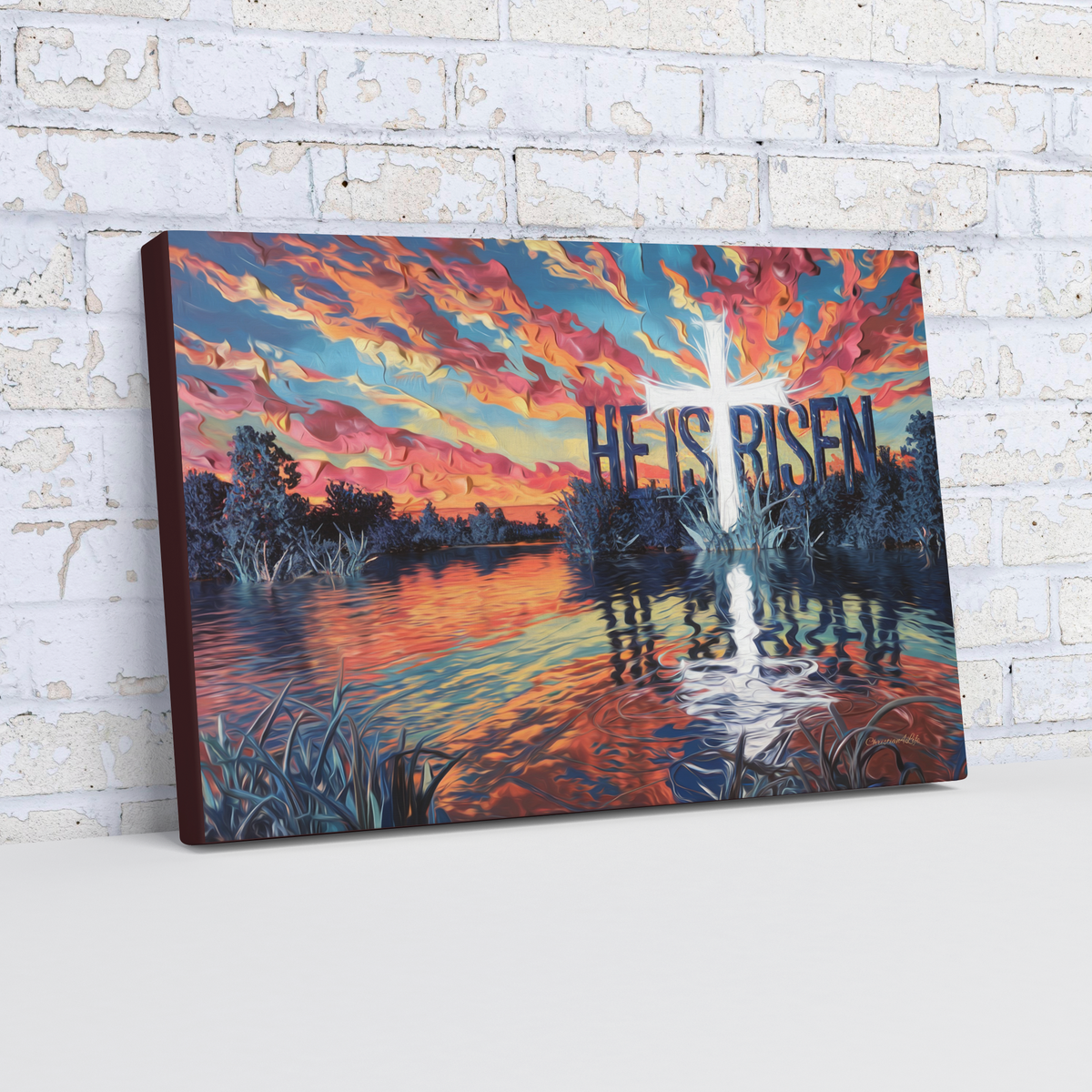 "He Is Risen" - Serene Lake Sunrise Scene with Cross Christian Gallery-Wrapped Canvas