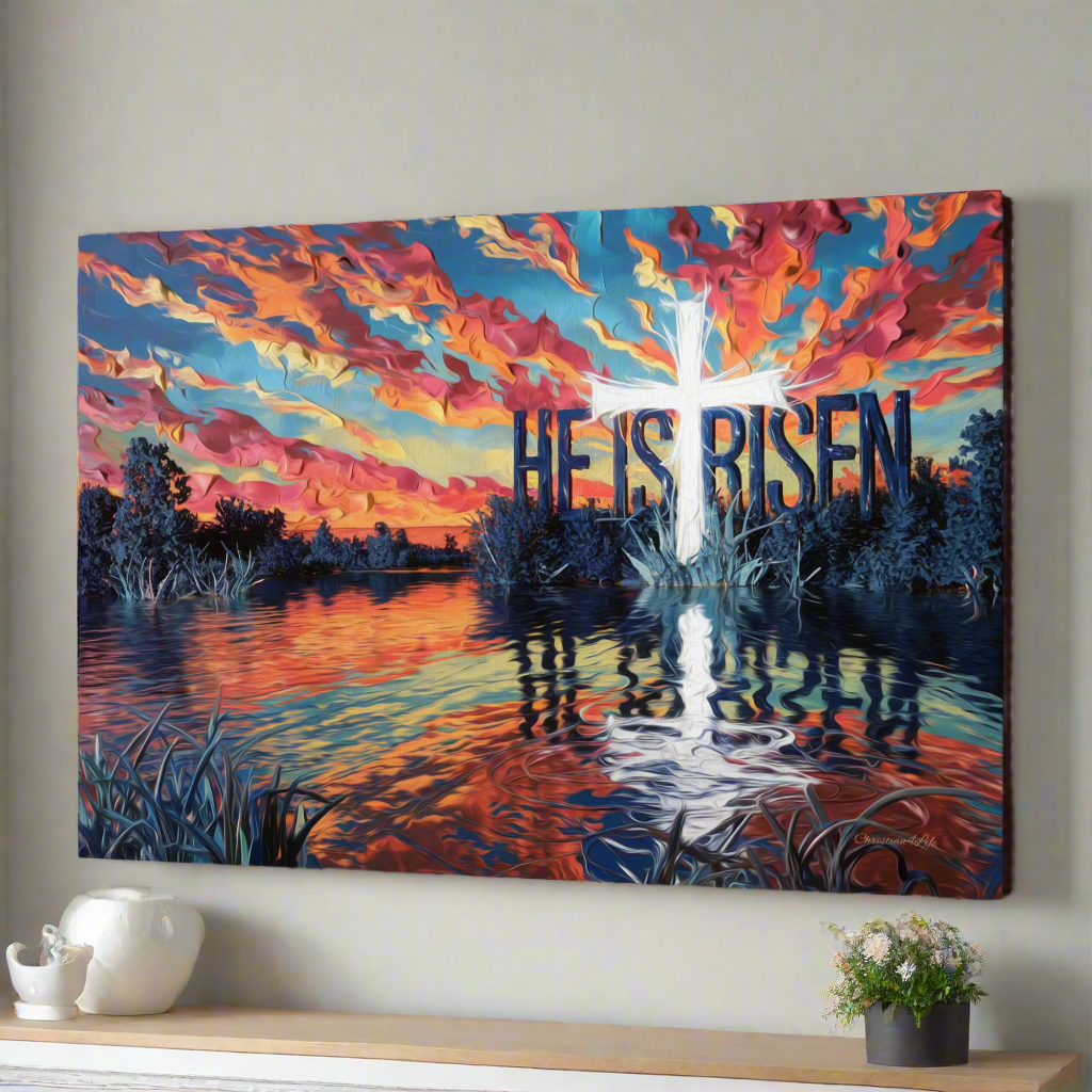 "He Is Risen" - Serene Lake Sunrise Scene with Cross Christian Gallery-Wrapped Canvas