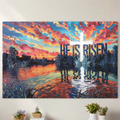 "He Is Risen" - Serene Lake Sunrise Scene with Cross Christian Gallery-Wrapped Canvas
